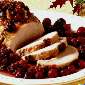Sliced pork tenderloin with cranberry glaze on a plate