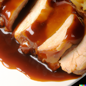 Sliced pork tenderloin with maple glaze on a white plate.