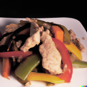 Pork tenderloin stir fry with bell pepper strips on a white plate