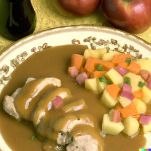 Sliced pork tenderloin with apple cider gravy and diced vegetables on a plate.
