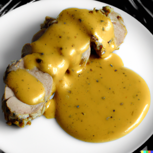 Sliced pork tenderloin with honey Dijon mustard sauce on a white plate