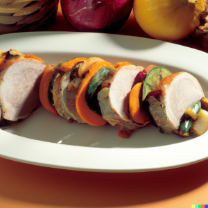 Sliced pork tenderloin with vegetables on a white plate.