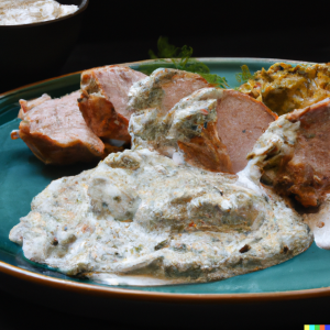 Sliced Mediterranean pork tenderloin with tzatziki sauce on a green plate.