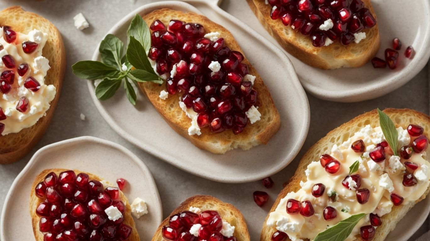 Bruschetta topped with feta cheese, pomegranate seeds, and herb garnish on small plates.