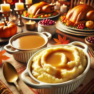 Mashed potatoes topped with gravy beside a gravy boat on a Thanksgiving table.