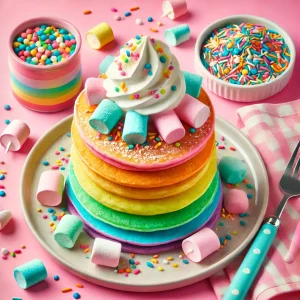 Stack of rainbow pancakes topped with whipped cream, marshmallows, and sprinkles.