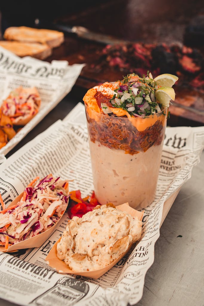 Savor a gourmet barbecue dish with sides, beautifully styled on newspaper in Lisboa, Portugal.