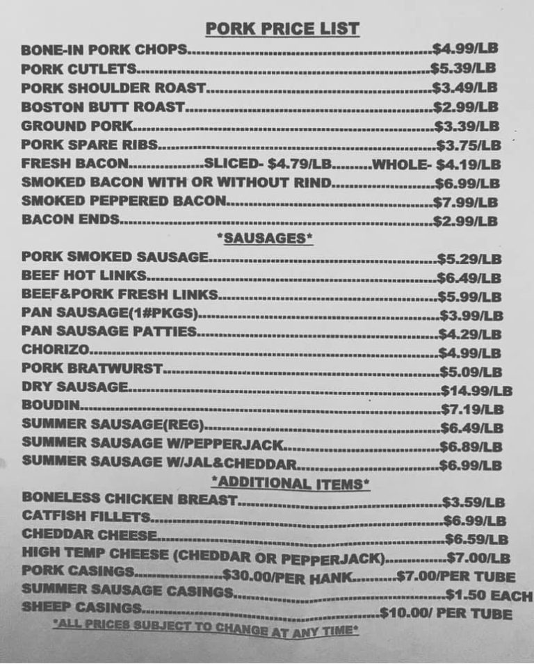 PORK PRICE LIST