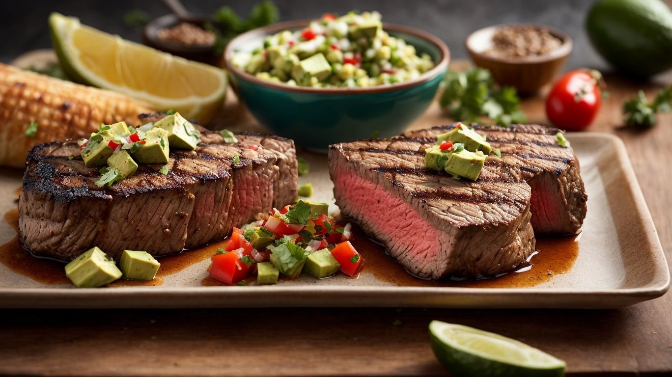Grilled steak topped with avocado salsa, served with lime wedges and corn on the cob.
