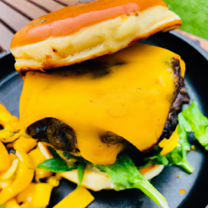 Juicy charcoal-grilled hamburger showcased with a perfect char, topped with melted cheese and fresh vegetables.