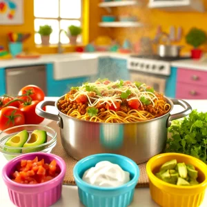 Pot of taco spaghetti topped with cheese, meat sauce, and cilantro, with bowls of toppings nearby.