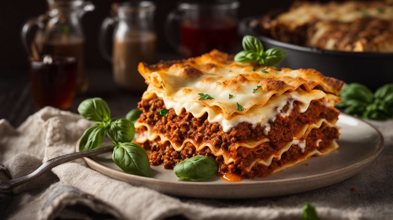 Slice of lasagna Bolognese on a plate with basil leaves.