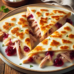 Turkey and cranberry quesadilla wedges with melted cheese on a plate.