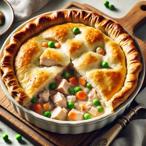 Turkey pot pie with a golden crust, cut open to show turkey, peas, and carrots.