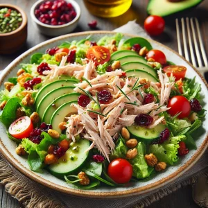 Turkey salad with avocado, cherry tomatoes, greens, nuts, and dried cranberries