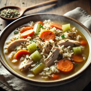Bowl of turkey wild rice soup with carrots, celery, and wild rice